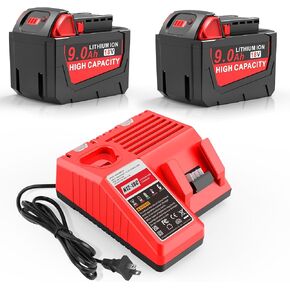 2 Pack 18V 9Ah WK1890 Lithium Battery N12-18C 12/18V 3A Battery Charger Combo Compatible with Milwaukee 48-11-2420 48-11-2440 48-11-1815 48-11-1820 48-11-1840 48-11-1850 48-11-2401 48-11-1890