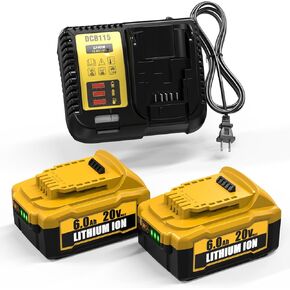 2 Packs 6.0Ah Lithium Ion Battery and Charger Replacement for Dewalt 20V Max Battery and Charger Combo Compatible with Dewalt 12-20V Batteries and All 20 Volt Cordless Tools
