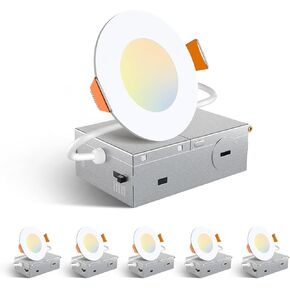 Amico 6 Pack 6 Inch 5CCT Ultra-Thin LED Recessed Ceiling Light with Junction Box, 2700K/3000K/3500K/4000K/5000K Selectable, 12W Eqv 110W 1050LM Brightness Dimmable Canless Wafer Downlight, ETL & FCC