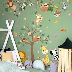 iMagitek Large Jungle Animals Tree Wall Decals Safari Animals Climbing Trees Wall Stickers Elephant Giraffe Lion Sloth Safari Wall Stickers Baby Nursery Kids Room Daycare Playroom Classroom Wall Decor