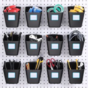 Namalu 12 Pack Peg Board Storage Bins with Labels and Hooks Square Box Shape Pegboard Cup Holder Accessories Pegboard Organizer for Craft Room Wall Holder Workbench(Transparent,4.7 x 4 x 5 Inch)