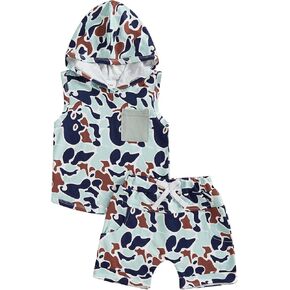 Toddler Boys Summer Outfits Camouflage Hooded Sleeveless Tank Tops Elastic Waist Shorts 2Pcs Clothes Set