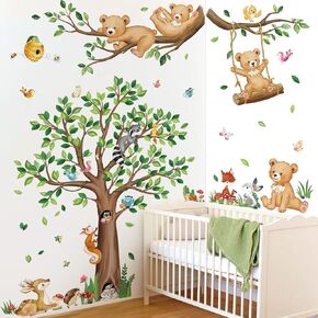 decalmile Woodland Animals Large Tree Wall Decals Forest Bear Fox Wall Stickers Baby Nursery Toddler Room Kids Bedroom Wall Decor (H:135cm/53Inches)
