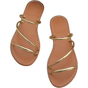 GORGLITTER Women's Metallic Strappy Flat Sandals Open Toe Slip on Slide Sandals Dressy Beach Sandals