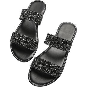GORGLITTER Women's Rhinestone Strappy Flat Sandals Dressy Sparkly Slip on Slide Summer Vacation Sandals