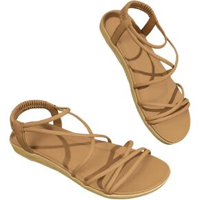 OYOANGLE Women's PU Leather Strappy Slingback Sandals Open Toe Flat Summer Beach Shoes