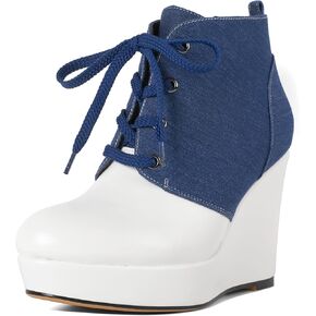 Joseywade Wedge Heels Ankle Boots for Women Platform Boots Round Toe Short Booties Lace-up 4 Inch
