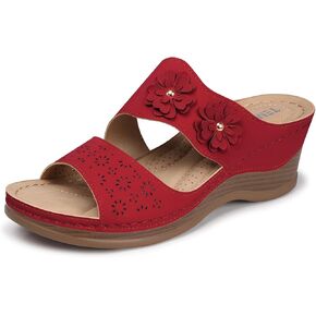 TEMOFON Women Wedge Sandals Dressy: Casual Sandal Woman Red Size 8.5 - Comfortable Arch Support Platform - Summer Orthopedic Sandals Shoes