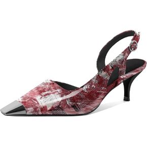 SAMMITOP Kitten Heel Slingback Pumps for Women Silver Cap Toe Low Heel Square Toe Heels Ankle Strap D’Orsay Pump Shoes Office Party Prom 2.4 in