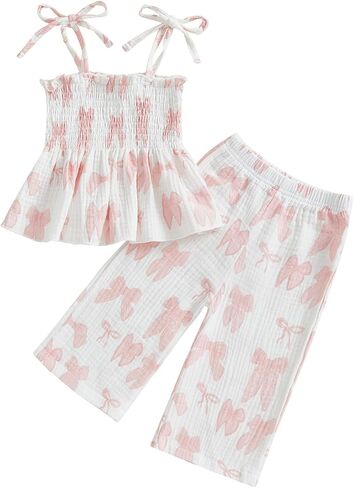 Little Kids Girl Summer Outfit Sleeveless Tied Flower Print Cami Tank Tops Elastic Pants Toddler 2Pcs Clothes Set in Saudi Arabia