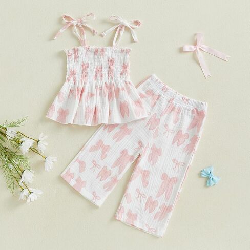 Little Kids Girl Summer Outfit Sleeveless Tied Flower Print Cami Tank Tops Elastic Pants Toddler 2Pcs Clothes Set in Saudi Arabia