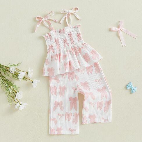 Little Kids Girl Summer Outfit Sleeveless Tied Flower Print Cami Tank Tops Elastic Pants Toddler 2Pcs Clothes Set in Saudi Arabia