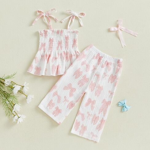 Little Kids Girl Summer Outfit Sleeveless Tied Flower Print Cami Tank Tops Elastic Pants Toddler 2Pcs Clothes Set in Saudi Arabia