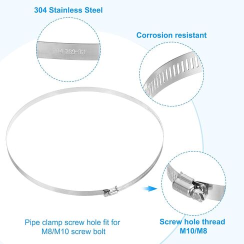 PATIKIL 12 Inch Adjustable Pipe Hose Clamp, 4 Pack 304 Stainless Steel Air Ducting Clamp Worm Gear Drive Hose Clamps Pipe Clamp for Ventilation Duct, Silver in Kuwait