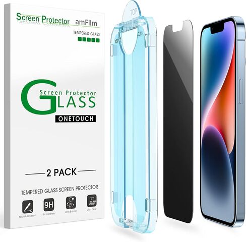 amFilm OneTouch لهاتف iPhone 14 Plus (6.7 بوصة 2022) وiPhone 13 Pro Max 6.7 بوصة واقي شاشة من الزجاج المقوى للخصوصية - مع مجموعة سهلة التركيب، حافظة تغطية كاملة صديقة (عبوتان) in Kuwait