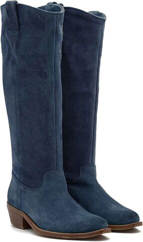 LEHOOR Women Low Stacked Heel Slouchy Knee High Western Boots Pointed Square Toe Velvet Suede 1.5" Chunky Heels Cowboy Boots Wide Calf Pull On Combat Boots Dressy Comfort Casual Winter Retro 4-13 M US in Saudi Arabia