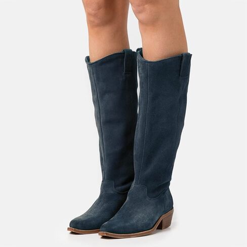 LEHOOR Women Low Stacked Heel Slouchy Knee High Western Boots Pointed Square Toe Velvet Suede 1.5" Chunky Heels Cowboy Boots Wide Calf Pull On Combat Boots Dressy Comfort Casual Winter Retro 4-13 M US in Saudi Arabia