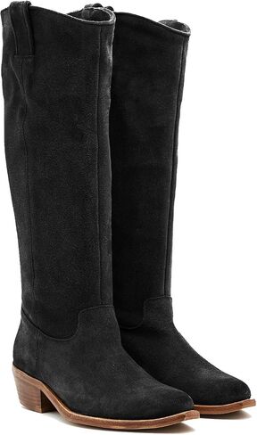 LEHOOR Women Low Stacked Heel Slouchy Knee High Western Boots Pointed Square Toe Velvet Suede 1.5" Chunky Heels Cowboy Boots Wide Calf Pull On Combat Boots Dressy Comfort Casual Winter Retro 4-13 M US in Saudi Arabia