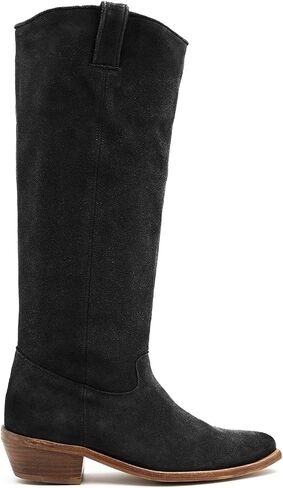 LEHOOR Women Low Stacked Heel Slouchy Knee High Western Boots Pointed Square Toe Velvet Suede 1.5" Chunky Heels Cowboy Boots Wide Calf Pull On Combat Boots Dressy Comfort Casual Winter Retro 4-13 M US in Saudi Arabia