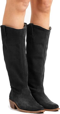 LEHOOR Women Low Stacked Heel Slouchy Knee High Western Boots Pointed Square Toe Velvet Suede 1.5" Chunky Heels Cowboy Boots Wide Calf Pull On Combat Boots Dressy Comfort Casual Winter Retro 4-13 M US in Saudi Arabia
