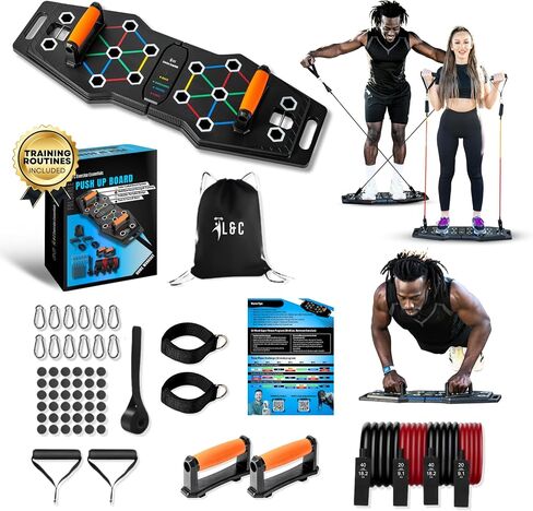 L&C Exercise Essentials Push Up Board Home Workout Fitness Equipment – Color Coded Foldable Pushup Board – Non-Slip Pushup Handles with Resistance Bands, Door Anchor, Ankle Straps, Ab Wheels and Pilates Bar in Saudi Arabia