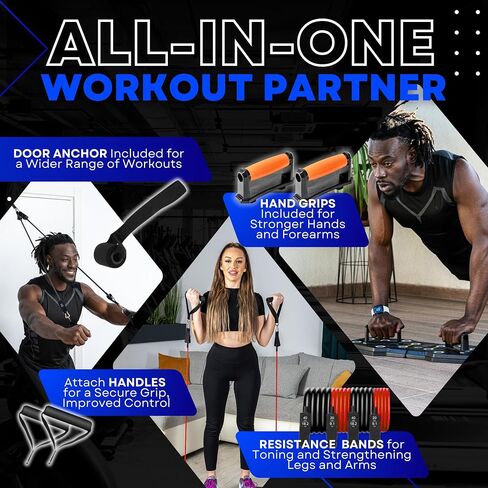 L&C Exercise Essentials Push Up Board Home Workout Fitness Equipment – Color Coded Foldable Pushup Board – Non-Slip Pushup Handles with Resistance Bands, Door Anchor, Ankle Straps, Ab Wheels and Pilates Bar in Saudi Arabia