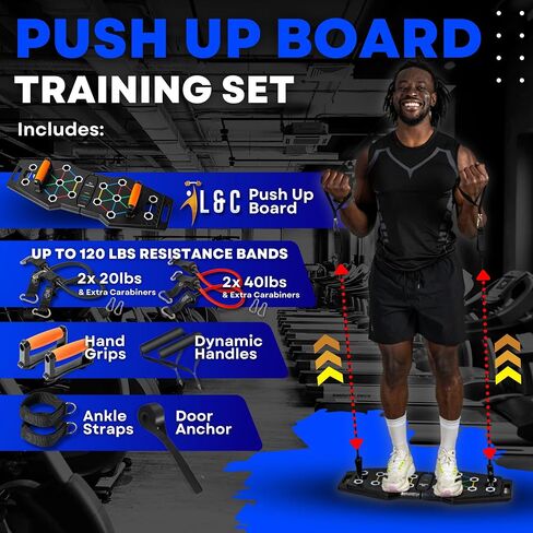L&C Exercise Essentials Push Up Board Home Workout Fitness Equipment – Color Coded Foldable Pushup Board – Non-Slip Pushup Handles with Resistance Bands, Door Anchor, Ankle Straps, Ab Wheels and Pilates Bar in Saudi Arabia