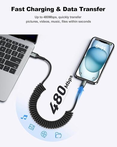 USB C to USB C Cable Coiled 3FT 2Pack, Braided Type C Charger for Car-Black | 66W Fast Charging Cord Compatible with iPhone 17 16 15, iPad, Sam sung Galaxy, Google Pixel, Moto, TCL Phones in Kuwait