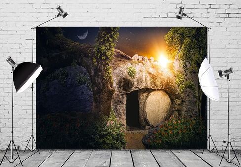 النسيج 7x5ft قيامة يسوع المسيح خلفية الفتحة الفارغة قبر الفارغ ، وهو صلب صلب في خلفية شروق الشمس الرب تصلي المسيحي عيد الفصح عيد الفصح المقدسة المعتقد الديني صورة in Kuwait
