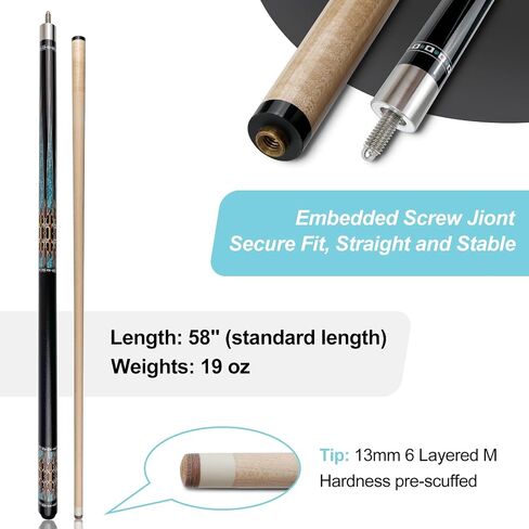 Pool Cue Stick with Case, 13mm Tip, 58", Hardwood Canadian Maple Professional Billiard Stick, Low Deflection Shaft Billiard Cue Sticks with 1X1 Hard Case, 19 Oz in Saudi Arabia