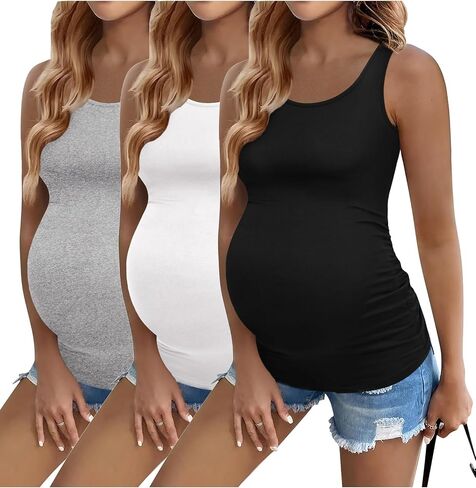 Ekouaer 3 Pack Women Maternity Tank Tops Ruch Side Basic Shirts Summer Postpartum Tops Sleeveless Pregnancy Workout Clothes in Saudi Arabia