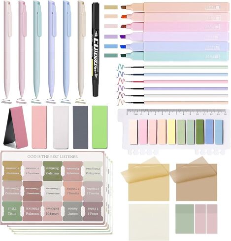 32Pcs Bible Journaling Kit,Bible Study Supplies with 6pcs Highlighters No Bleed,75 Laminated Tabs,5 Magnetic Bookmarks,300 Sticky Notes,6 Color Pens with Refills,Bible Journaling Supplies for Women in Saudi Arabia