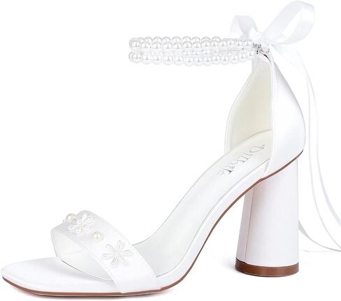 Pearl Heels Wedding Shoes for Bride Open Toe Bridal Shoes White Ivory Heels Chunky Heeled Sandals in Saudi Arabia