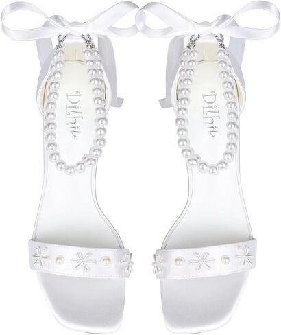 Pearl Heels Wedding Shoes for Bride Open Toe Bridal Shoes White Ivory Heels Chunky Heeled Sandals in Saudi Arabia