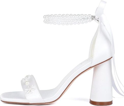 Pearl Heels Wedding Shoes for Bride Open Toe Bridal Shoes White Ivory Heels Chunky Heeled Sandals in Saudi Arabia