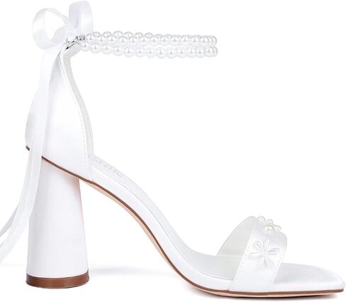Pearl Heels Wedding Shoes for Bride Open Toe Bridal Shoes White Ivory Heels Chunky Heeled Sandals in Saudi Arabia