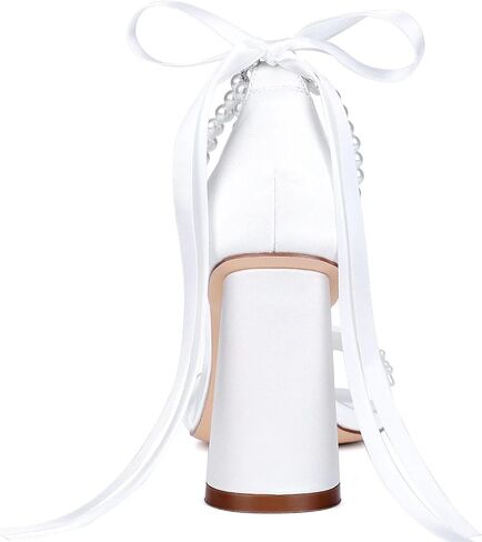 Pearl Heels Wedding Shoes for Bride Open Toe Bridal Shoes White Ivory Heels Chunky Heeled Sandals in Saudi Arabia