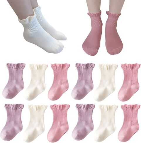 Baby Socks,6 Pairs Toddler Baby Girls Socks Frilly Ruffle or Ankle Socks,Kids Baby Multi Colors Cotton Dress Socks (US, Age, 1 Year, 3 Years, white pinkish purple) in Saudi Arabia