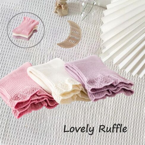 Baby Socks,6 Pairs Toddler Baby Girls Socks Frilly Ruffle or Ankle Socks,Kids Baby Multi Colors Cotton Dress Socks (US, Age, 1 Year, 3 Years, white pinkish purple) in Saudi Arabia