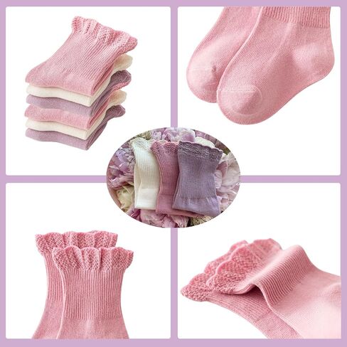 Baby Socks,6 Pairs Toddler Baby Girls Socks Frilly Ruffle or Ankle Socks,Kids Baby Multi Colors Cotton Dress Socks (US, Age, 1 Year, 3 Years, white pinkish purple) in Saudi Arabia