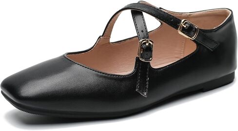 Women's Cross Strap Ballet Flats Square Toe Casual Retro Mary Jane Lolita Dress Shoes in Kuwait
