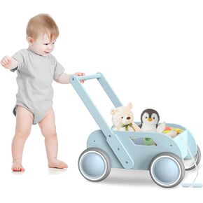 Wooden Baby Walker, Push and Pull Learning Walking Toys for Babies Infants to Toddler, Walker with Wheels for Boys Girls, Gift for Birthday Christmas, Natural