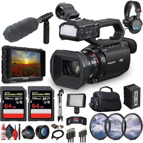 Panasonic AG-CX20 Professional Compact 4K Camcorder Ideal for Broadcast, Live Streaming + 4K Monitor + Pro Headphones + ECM-VG1 Microphone + 2 x 64GB Card + Filter Kit + Wide Angle Lens + More