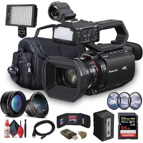 Panasonic AG-CX20 Professional Compact 4K Camcorder Ideal for Broadcast, Streaming, and Event Videography + 64GB Card + Filter Kit + Wide Angle Lens + Bag + LED Light + Card Reader + More