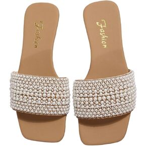 OYOANGLE Women's Pearl Decor Square Toe Sandals Leather Open Toe Flat Slip On Slides