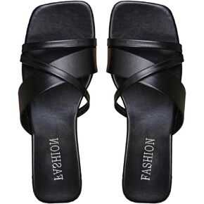 Oyoangle Leather Leather's Leather Strappy Square Open Toe Flate Sandal Fashion Cross Cross Slip on Slide Sandals