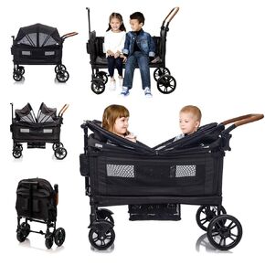 Wagon Stroller for 2 kids & Cargo-Travel Stroller Push-Pull Double Stroller Lightweight Folding Stroller for Newborn&Toddler with 5-Point Harness,Adjustable Handle Bar and Canopy,Tray Table,Cup Holder