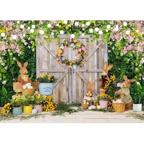 LYCGS 10x8ft Spring Easter Backdrop Easter Colorful Eggs Rabbit Flowers Green Grass Barn Door Backdrop Kids Children's Easter Party Backdrop Easter Photography Background Easter Decor X-214