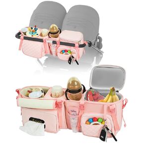 kcross Double Stroller Organizer Bag for Bob Duallie and Baby Jogger City Mini Gt2, Double Stroller Caddy Organizers with Cup Holder,Universal Parent Console Stroller Accessories with Cooler Pockets