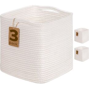 INDRESSME 11x11 Cube Storage Bins, 3-Pack Rope Woven Baskets for Organizing Storage Baskets for Shelves Baskets for Gifts Empty Square Toy Bins for Classroom, Nursery Closet, White & Brown